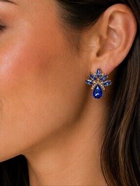 💎Blue Rhinestone Crystal Floral Stud Earrings Gold Tone Statement Jewelry NWOT